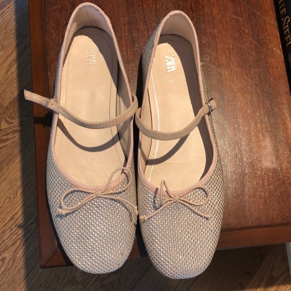Zara beige square toe embellished ballet flats in 37 or 6.5